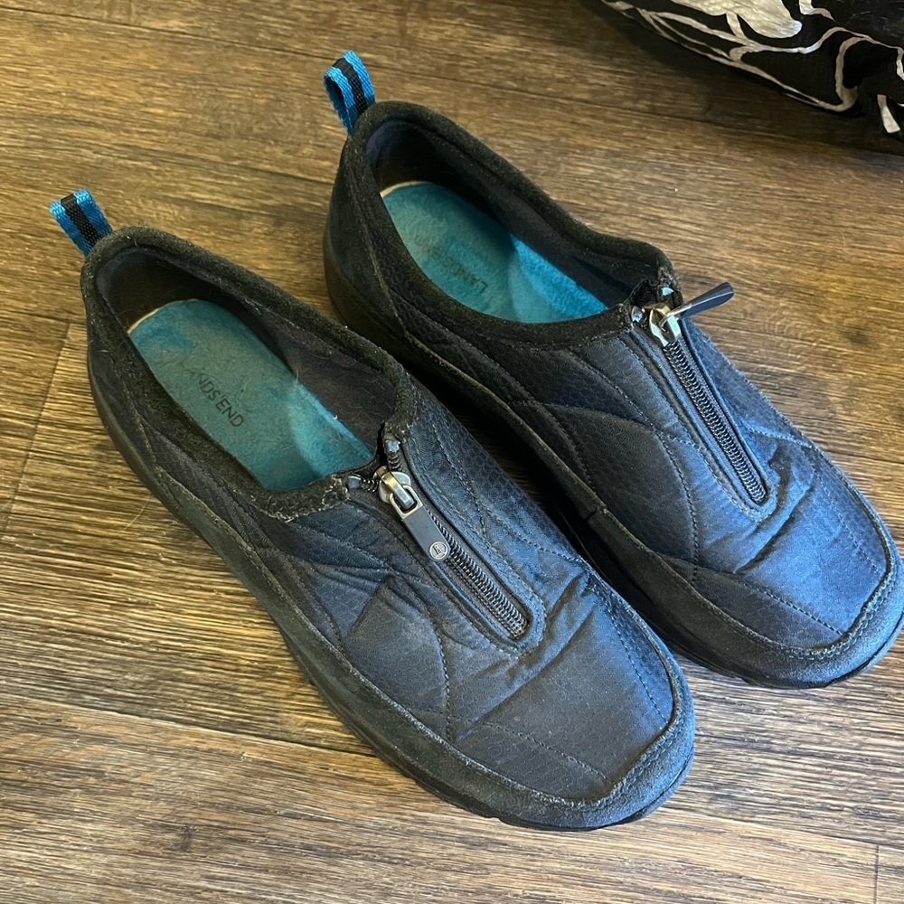 Lands' End Black Slip-On Zippered Comfortable Slippers with Teal Insole